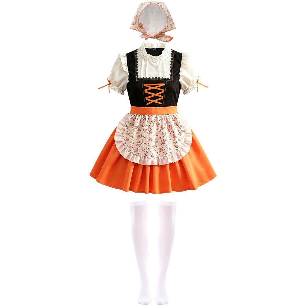 Danlai Womens Bavarian Dirndl Dress Matched Apron Scarf Stocking, Traditional Costume for Oktoberfest Beer Festival Party