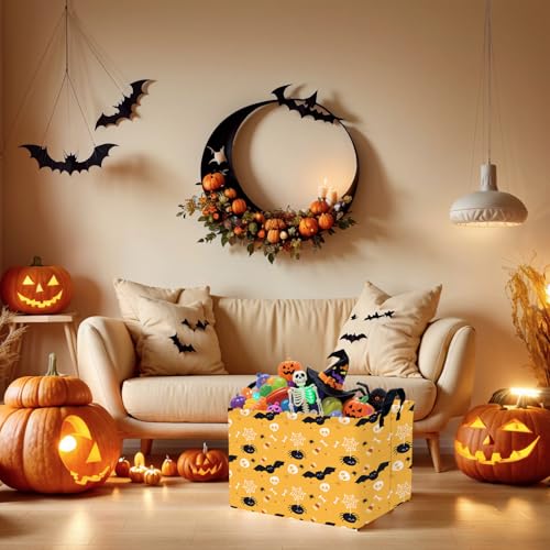 Image of Halloween Basket Gift Cute Pumpkin Ghost Parties Decor Kid Trick or Treat Basket for Boys and Girls Rectangular Storage Bin Box (Bat Spider)