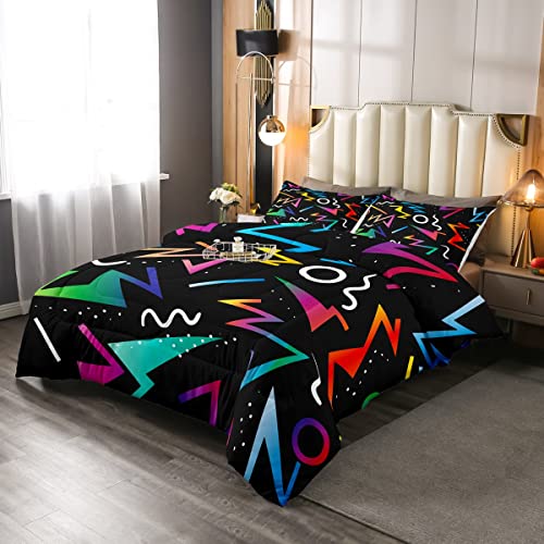 80'S Pattern Geometric Comforter Set Twin On Black Retro Vintage Abstract 90S Memphis Style Bedding Set For Home Living Room Decorative 2 Piece Girls Fashion Graffiti Duvet Insert,Neon Colors Stripes #TOP1