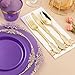 Bestluck 350PCS Clear Purple Plastic Plates for 50 Guests, Disposable Plates with Gold Trim include 50 Dinner Plates, 50 Dessert Plates, 150 Gold Silverware, 50 Cups, 50 Napkins for Party, Wedding