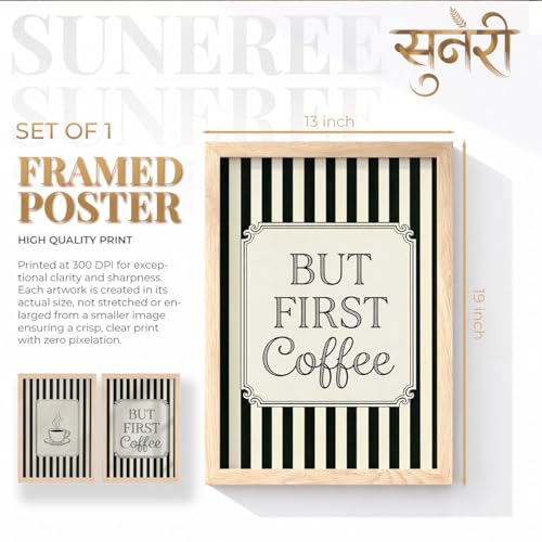 Image of Suneree But First Coffee Wall Art Set of 2 Framed Paintings | Black White Striped Coffee Poster Kitchen Cafe Decor | Home Office Wall Decor (Art 9, 13x19 Inches)