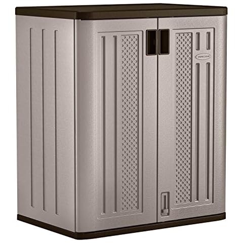 Suncast Base Storage Cabinet, Heavy-Duty Resin Multi-Wall Storage with Shelves, 9 Cubic Feet Capacity, Platinum Metallic/Slate Cover