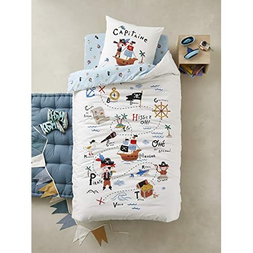 Vertbaudet Kinder Bettwäsche-Set „Piraten Kapitän“ wollweiß/blau Bedruckt 140X200 - Kissen 63X63