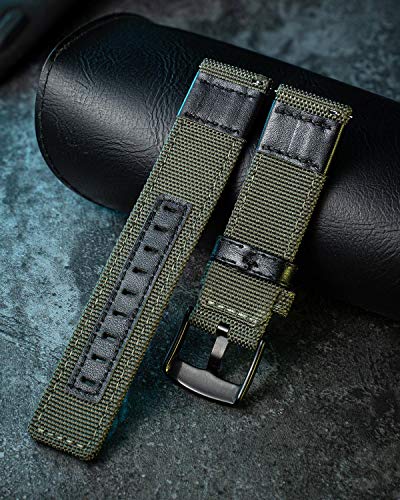 Binlun Watch Bands Classic Canvas Fabric With Genuine Leather Hybrid Watch Straps Replacement Wristband With Black Buckle In 4 Sizes(18/20/22/24Mm) 6 Colors (Brown Green Black Blue Khaki Red Grey) #TOP2