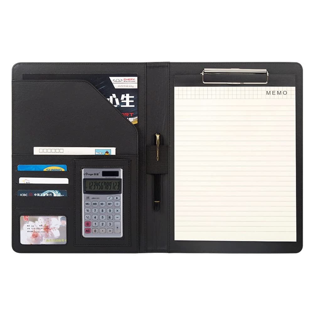 Porte-Documents Portfolio A4 Professionnel En Cuir Dossier De Conférencier Luxe Porte Document Conférence Cadeau Idéal Business Padfolio Case Homme Ou Femme(Black+12-digit calculator)