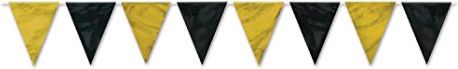 Beistle Black & Gold Pennant Banner – 12-Foot All-Weather Flag Garland with Alternating Triangle Pennants, Indoor or Outdoor Party Decoration for Celebrations, Graduations, or New Year’s Events, 12’ x 11”
