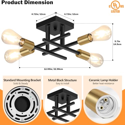 4-Lights Sputnik Chandelier Modern Semi Flush Mount Ceiling Light for Bedroom Lighting, Industrial Kitchen Light Fixture Ceiling Mount for Dining Room Hallway Living Room(Black with Gold) - Image 3