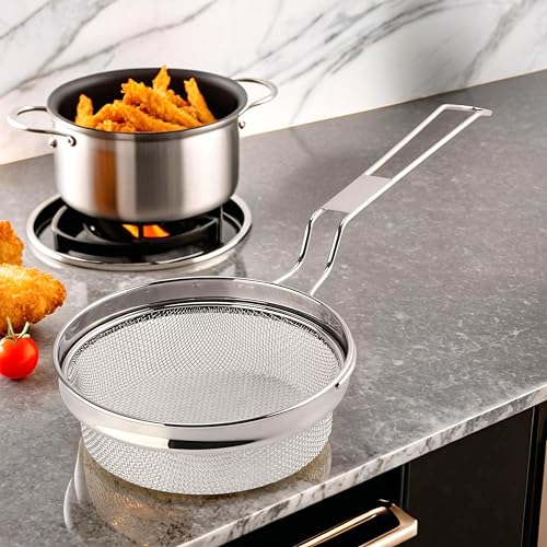 Image of Kuber Industries Stainless Steel Deep Fry Strainer for Kitchen - Chips & Pasta Cooking Jhara /Filter /Channi with Handle - Silver 40x17x7 Cm