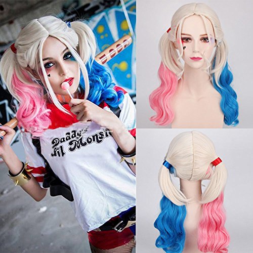 Lemoncy Wavy Long Curly Synthetic Hair Halloween Costume Cosplay Wig Adjustable Pink and Blue Ponytail Wigs for Party