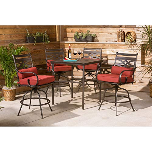 Hanover Montclair 5-Piece High Dining Patio Set With 33'' Steel Stamped Square Bar Height Table And 4 Red Cushioned Tall Swivel Chairs #TOP1