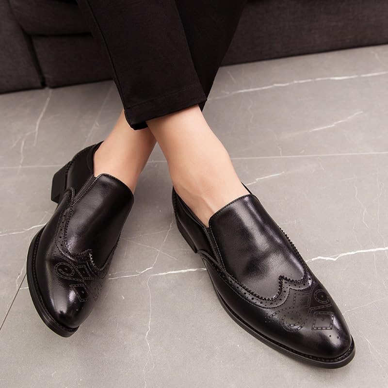Oxford Dress Shoes for Men Slip On Pointed Burnished Toe Brogue Embossed Wing tip PU Leather Low Top Block Heel Anti-Slip Walking4