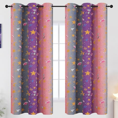 Image of Pink Purple Grey Rainbow Blackout Curtains for Girls Bedroom 63 inches Long