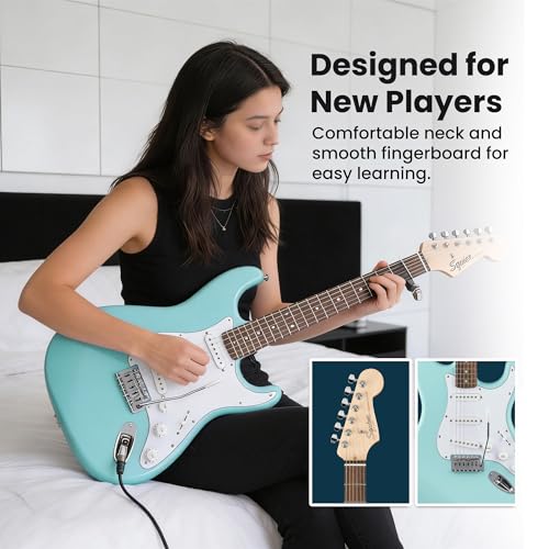 Image of Fender Squier Stratocaster Electric Guitar - Daphne Blue Bundle with Gig Bag, Picks, and Austin Bazaar Instructional Video