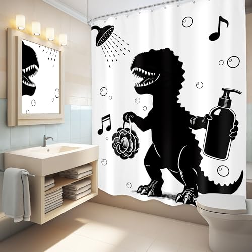 Image of Kids Funny Dinosaur Shower Curtain Bathroom Set 60Wx71H Inches Singing Dino Animal Taking Shower Cartoon Black and White Bubbles Bath Accessories Children Art Home Decor Fabric 12 Pack Hooks