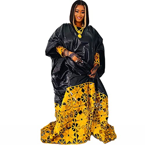 SONAMUA African Bazin Rich Boubou Dress with Gold Embroidery Guipure Nigerian Women Plus Size Basin Wedding Dashiki, Black, One Size Plus