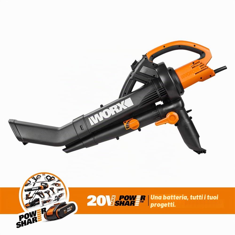 WORX Soffiatore elettrico da 3000 W e aspirapolvere per foglie con mulcher/aspirapolvere 3 in 1, dispositivo 3 in 1, con sacco di raccolta da 45 l, 335 km/h, 600 m³/h (non fumare batterie)