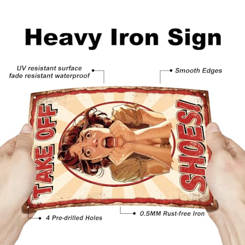 GLOBLELAND "Take Off Shoes" Funny Nervous Woman Metal Tin Sign 12x8in/30x20cm for Garage Garden Signs Art Plaque Poster Wall Decor for Home Kitchen Bar Club Coffee Shop - Image 3