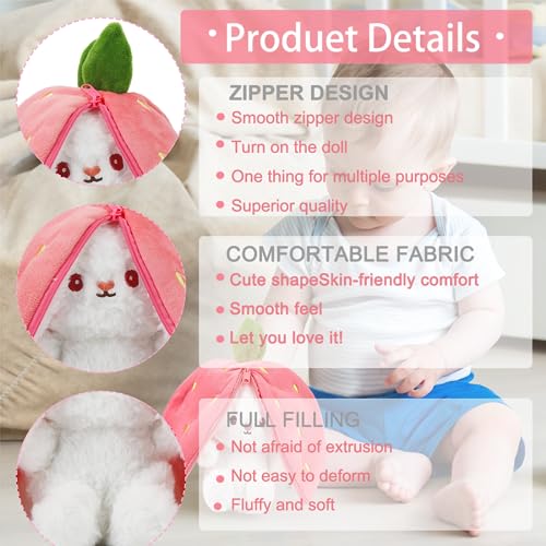 Zaloife Hase Plüschtier Verstecken Rosa, Plush Hasen Erdbeeren 24cm, Stofftier Plüsch Hasen Versteckspiel, Kuscheltier Osterhase Puppe Geschenk für Kinder