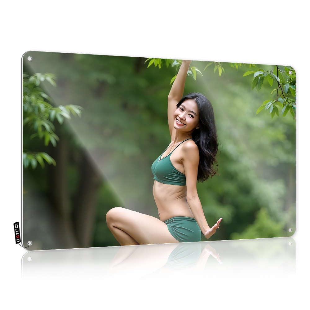 Texas Star Decor Metal Tin Sign For Tools Shaped Wall - Sport Hanging Pre-drilled & Vintage | Round Funny Humorous : A Woman In Green Attire Strikes Yoga Pose Amidst Lush Greenery.