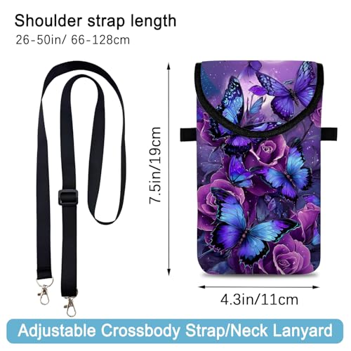 Image of Neoprene Cell Phone Sleeve Pouch Case Bag with Crossbody Strap Neck Lanyard for Women 7.5 X 4.3 in Purple Butterfly