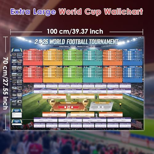 AhfuLife Extra Large World Cup Wall Chart for Party Decorations 2026-100 x 70cm World Cup WallChart Schedule Poster - Includes 48 Teams Group Knockout Final Results Wall Calendar for Football Fans - View 4