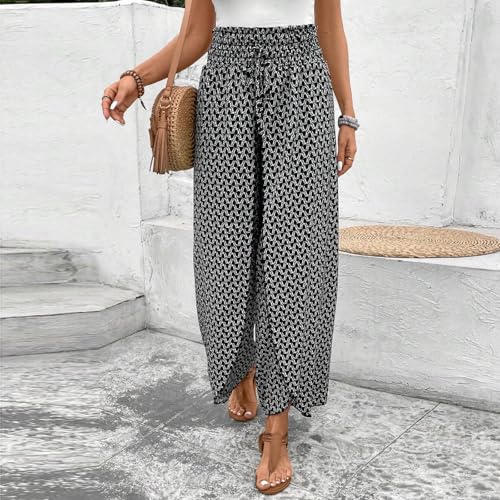 Floral Palazzo Pants for Women Casual High Waisted Tulip Hem Split Leg Pants Lightweight Summer Flowy Beach Trousers3