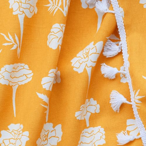 Image of Tranquebar Curtain Co. Yellow Curtains 7 Feet Long, 60-65% Room Darkening, Marigold Floral Print, Cotton Curtains for Window, Boho Curtains with Tassel Lace, BackTabs, Design UTSA (213 cm) - 1 Piece