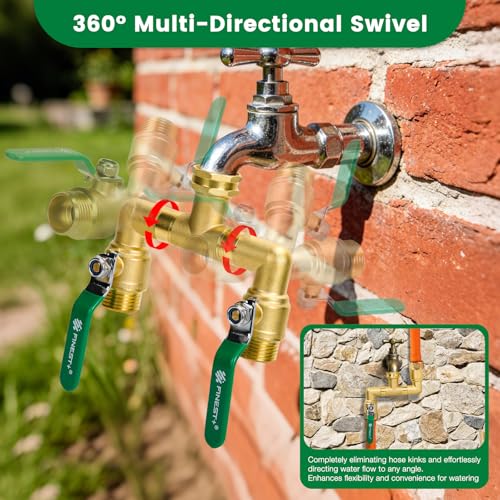 2 Way Brass Garden Hose Splitter Heavy Duty, 360° Rotatable Y Valve, Full Flow Large Ball Valve, 304 Stainless Steel Long Handle, 3/4" GHT Thread for Outdoor Faucet Lawn Irrigation Car Wash by FINEST+ - Used condition - Image 6