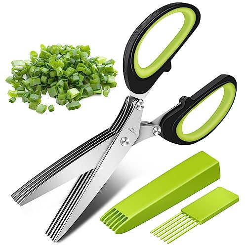 Senbos Ciseaux Herbes, Ciseaux Épices de Cuisine à 5 Lames en Acier Inoxydable avec Couvercle de Sécurité et Peigne de Nettoyage, Parfaits pour Hacher Basilic, Ciboulette, L'origan et Romarin