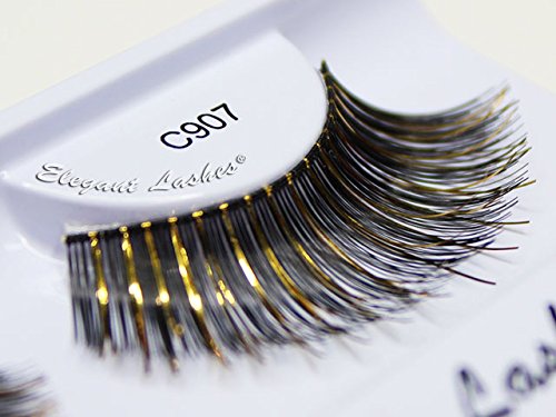 Elegant Lashes C907 "Cleopatra" Premium Black & Gold Metallic Foil Color False Eyelashes For Halloween Dance Rave Costume #TOP2