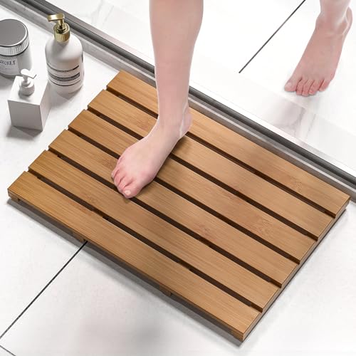 Domax Wooden Bamboo Bath Shower Mat- Non-Slip Waterproof Large Bathroom