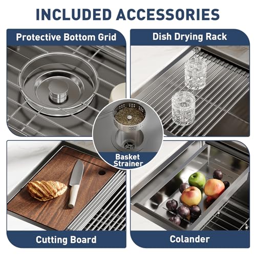 GarveeHome Undermount Kitchen Sink, 32x19 Inch Stainless Steel Kitchen- Single Bowl Sinks, Modern Top Mount 16 Gauge Workstation Sink-with Cutting Board for Bar, Black (Not Included Faucet)