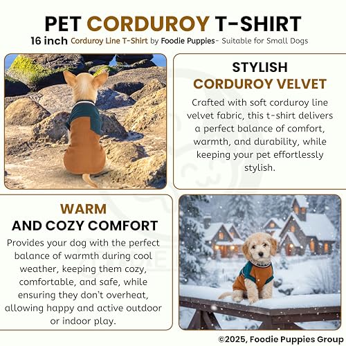 Image of Foodie Puppies Corduroy Line Velvet Pocket T-Shirt Warm Sweater Jacket - (16 inch, Tale & Brown) for Small Dogs | Soft, Lightweight Pet Apparel with Stylish, Comfortable, Durable & Stretchable Outfit