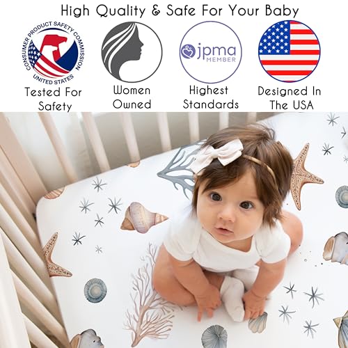 Image of Sweet Jojo Designs 3-Piece Baby Crib Sheets Set (Ocean Seashells) for Girls /Boys, Infant Nursery, Toddler Room - Fitted, Standard Size (Solid Blue and Rust Orange & Nautical, Beach Theme, Watercolor)