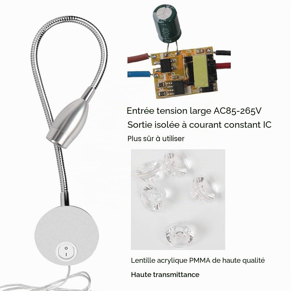 3W Lampe de lecture, Youngine Flexible 3W Lampe de chevet LED avec interrupteur et prise filaire, Applique murale col de cygne pour chambre à coucher, hôtel, bureau, 6000K (Argent-Blanc froid)