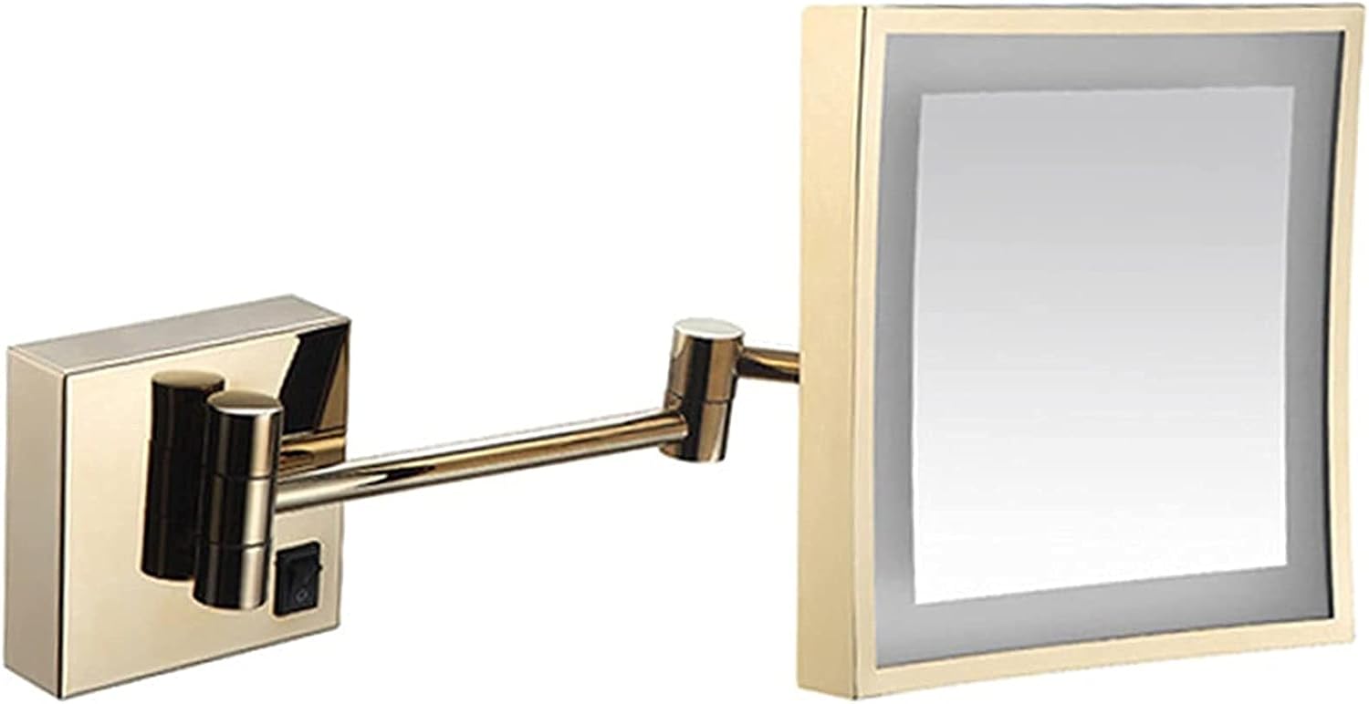 Gold Makeup Mirror with LED Lighted Simple Square Wall Mounted for Bathroom Bedroom Spa Hotel 8.5 Inches Magnifying 3X