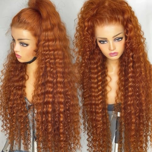 HILYN Ginger Curly Lace Front Wig 13x4 Long Deep Wave Glueless HD Lace Wig With Baby Hair Pre Plucked 250 Density Orange Synthetic Wig Dark Ginger Loose Wave Wigs For Women 26 inches