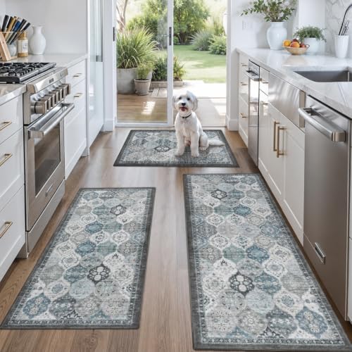 3-Piece Kitchen Rug Set of 3 with Runner – Non-Slip Washable Boho Kitchen Mats for Sink, Floor, Entryway & Hallway & Bathroom – Soft Small Throw Area Rugs, Home Decor