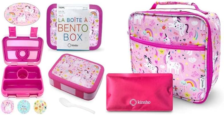 kinsho Paquete de lonchera Bento para niñas de 3 años en adelante, (unicornio rosa) + bolsa de almuerzo para niñas con paquete de hielo, (unicornio