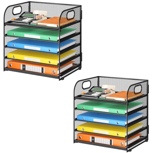 2 Pack 5-Tier Paper Organizer Letter Tray with Handle - Black Mesh Desk Paper Sorter File Organizer for Office, Home or School File Folder Holder