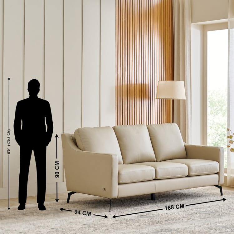 Image of Home Centre | Parque | Half Leather|Solid Wood | 3 Seater Sofas | Cream | 1 Year Warranty
