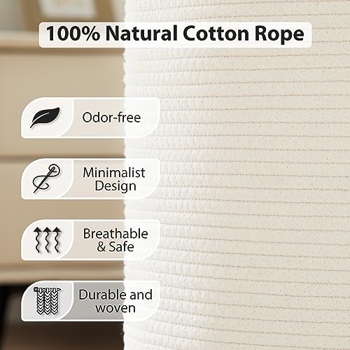 Woven Rope Laundry Hamper, Tall Laundry Basket for Blanket Storage, Large Dirty Clothes Hamper for Toys, Decorative Baby Nursery Hamper for Bedroom, Living Room - White, 58L — view 3