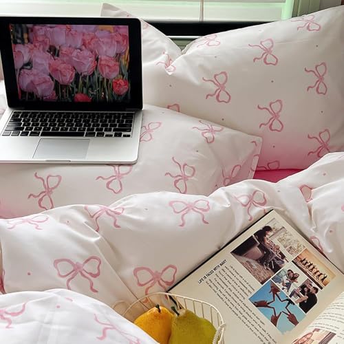 Image of Nayoroom Pink Bow Duvet Cover Twin Size Polka Dot Bowknot Coquette Duvet Cover 2 Pieces Soft Lightweight Microfiber Girls Cute Aesthetic Dorm Bedding Set