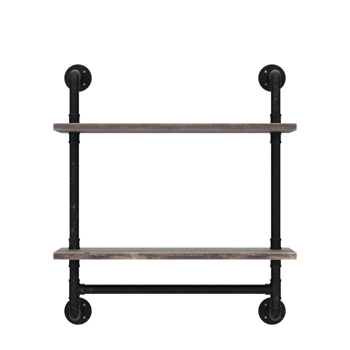 Mensola Industriale Rustica 2 Ripiani Con Porta Asciugamani – 61 Cm, In Ferro E Legno, Per Bagno E Cucina, Stile Retrò Nero