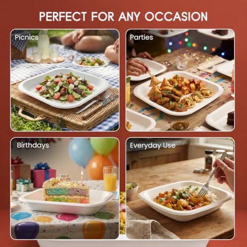 Image of Bonkaso 6x6 Inch Square Bagasse Plates Pack of 50 (White) | Disposable Sugarcane Paper Plates | Heavy Duty, Compostable & Microwave Safe | Plastic-Free Plates for Snacks | | Birthday, Wedding & Party
