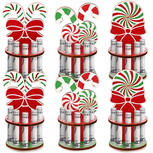6 Pcs Christmas Wooden Money Holder for Cash Gift with 10 Holes Candy Color Christmas Money Holder with Bow Decoration for Placing Money Red Green and White Money Holder Xmas Table Decorations