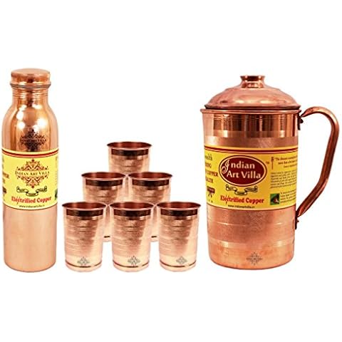 IndianArtVilla Copper Set of 1 Jug Pitcher with 1 Leak Proof Bottle & 6 Glass Tumbler | Used For Travelling Storage & Serving Water Good Health Benefits Cover