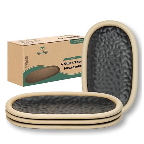 Urban Lifestyle Juego de 4 Platitos de Postre Ovalados de Cerámica 19,5 x 11,5 cm Color Marrón Chocolate – Platos Rústicos para Tarta, Desayuno, Postre o Entrante – Pequeños Platos Ovalados