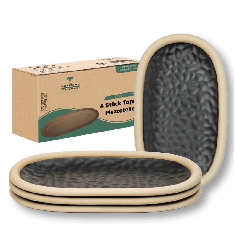 Urban Lifestyle Juego de 4 Platitos de Postre Ovalados de Cerámica 19,5 x 11,5 cm Color Marrón Chocolate – Platos Rústicos para Tarta, Desayuno, Postre o Entrante – Pequeños Platos Ovalados