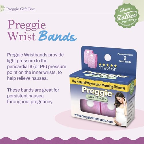 Image of Three Lollies Preggie Morning Sickness Relief Gift Box | Includes anti-sickness lozenges, hydration packets, ginger capsules and anti-nausea bands.